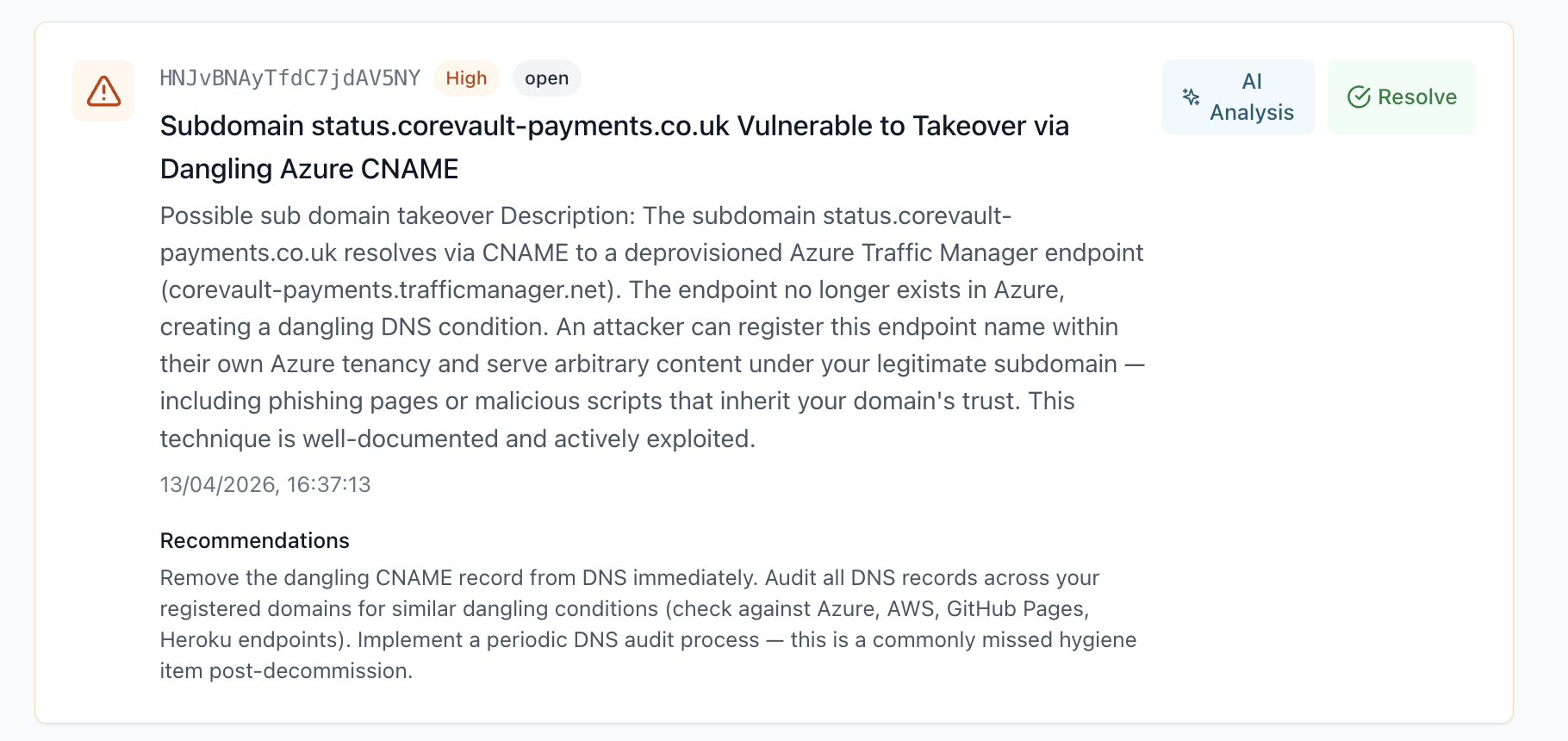 Attack surface monitoring alert showing a dangling Azure CNAME subdomain takeover risk