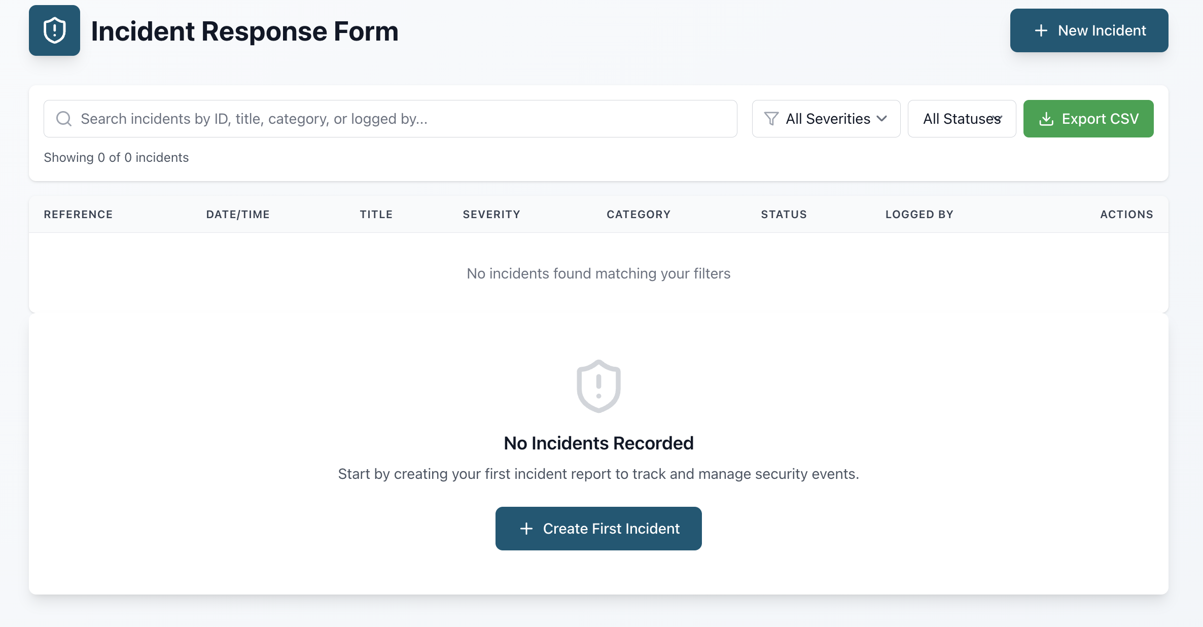Incident response recording dashboard with filters, status and export options